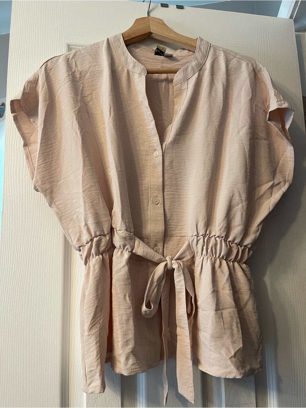 Light Pink Tie-Waist Button Front Blouse
